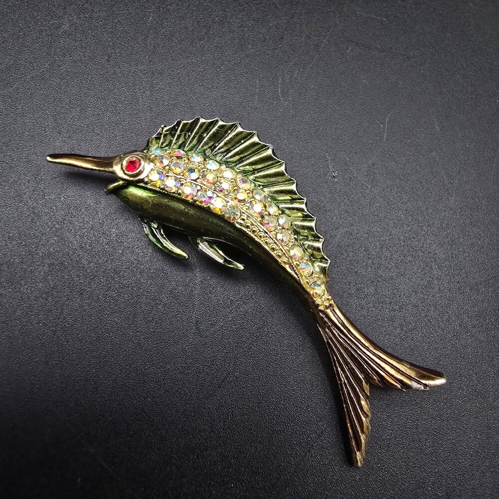 Sword Fish Brooch Rhinestone Enamel Gold Tone Vintage Animal Ocean Nautical